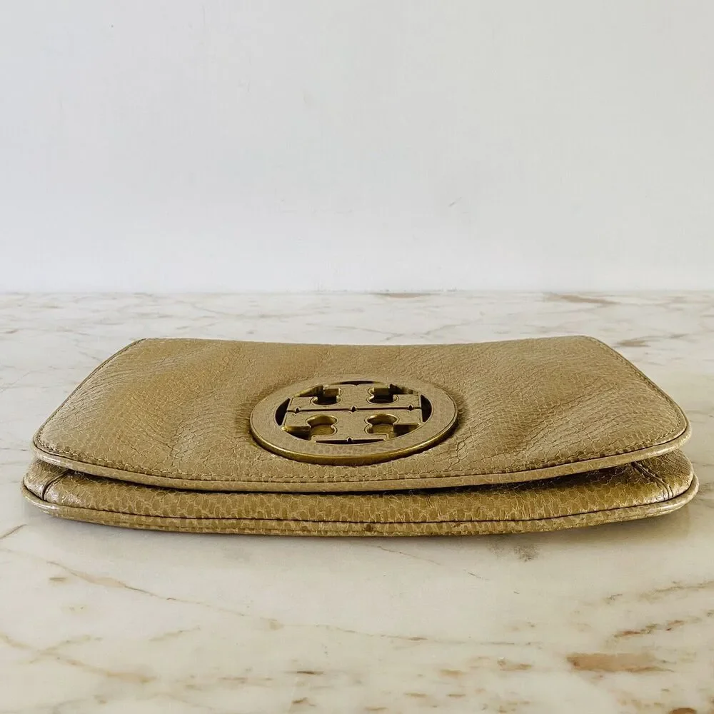 TORY BURCH Solid Tan Leather Clutch Bag Purse Large Logo